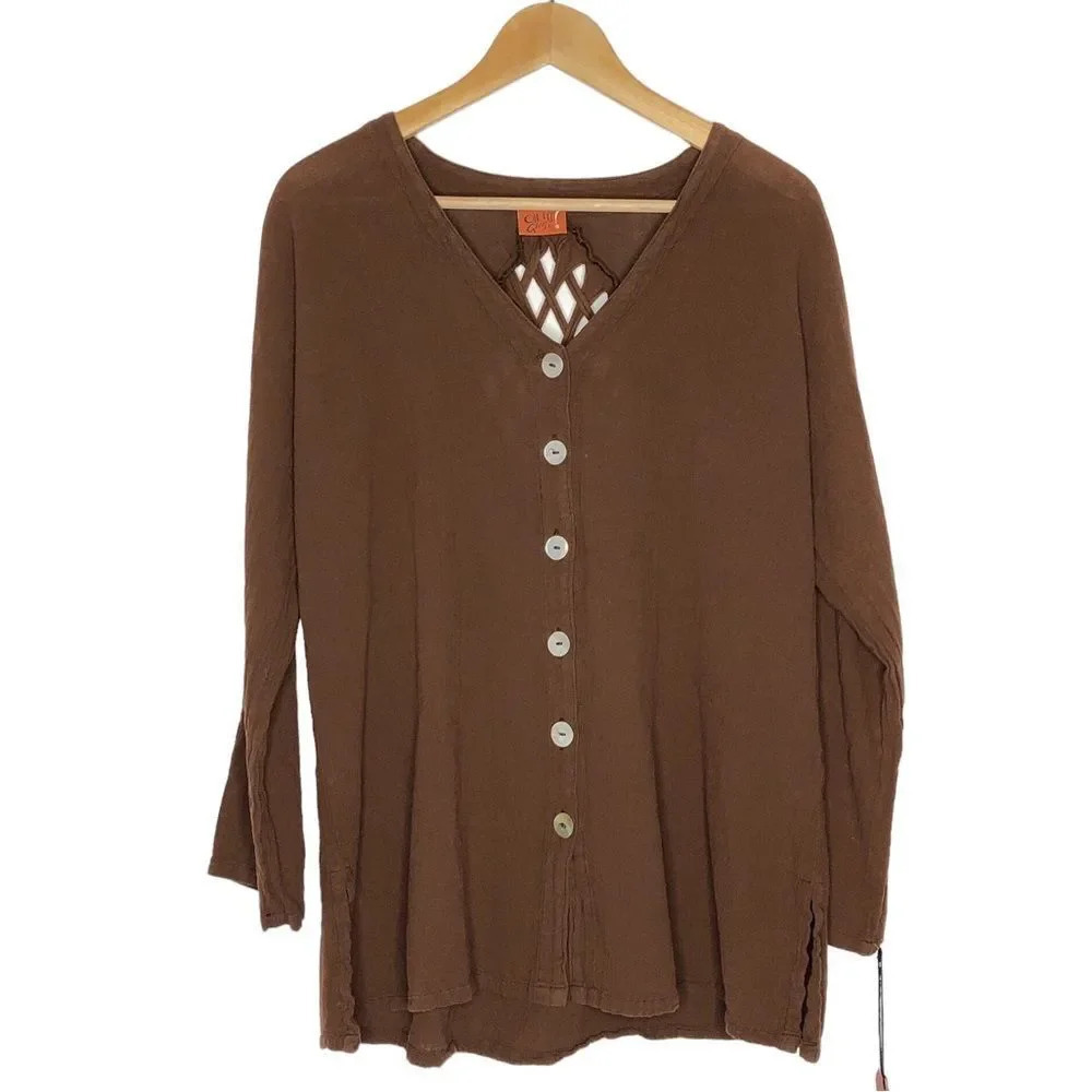 Oh My Gauze Oakley Maple 1 Brown Long Sleeve Button Down Fringe‎ Top Size S/M